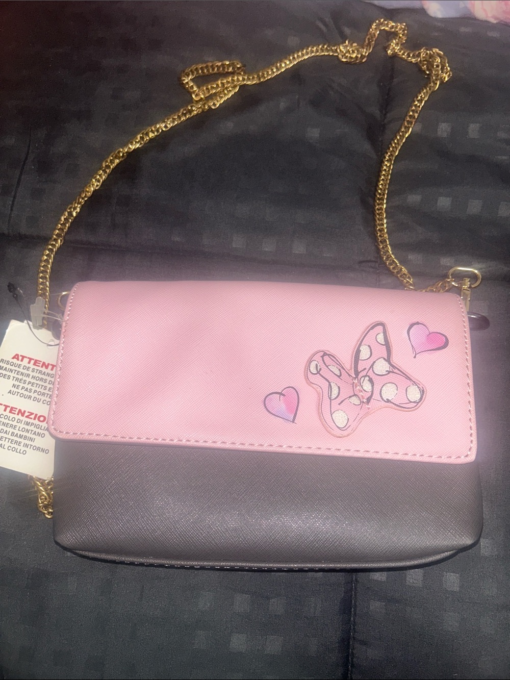 Disney Pink and Gray Minnie Bow Crossbody Bag with Gold Chain